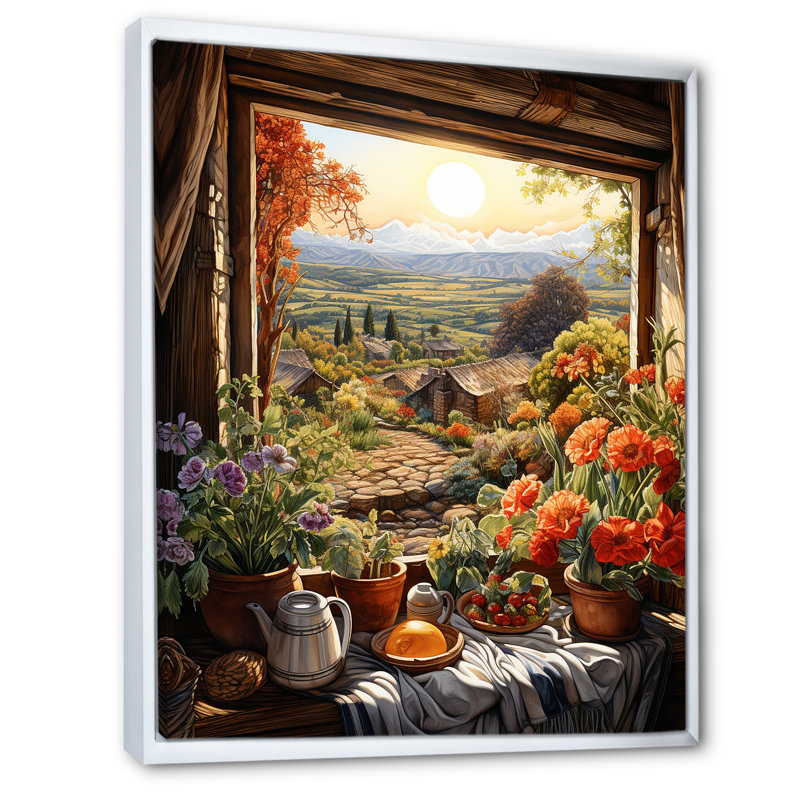 «Brown Farmhouse Window Blooms In Summer III» - art mural fenêtres de ferme, Cadre flottant blanc, 32" H x 24" W