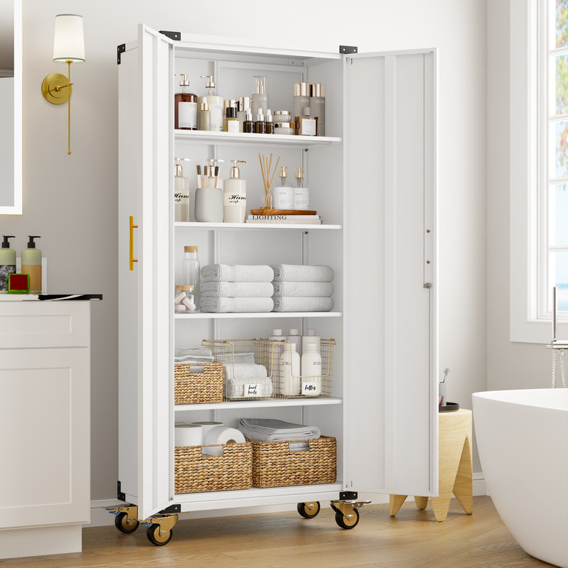 70.9" Metal Rolling Tool Storage Cabinet with Lock and 4 Adjustable Shelves for Garage,Home,Office, White
