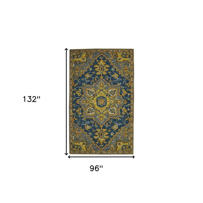 Tapis touffeté à la main 8 pi x 11 pi bleu gris et orange en médaillon en laine
