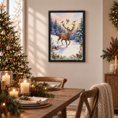 Brown Deer with Birds on Antlers in Snowy Forest Christmas Canvas Wall Art