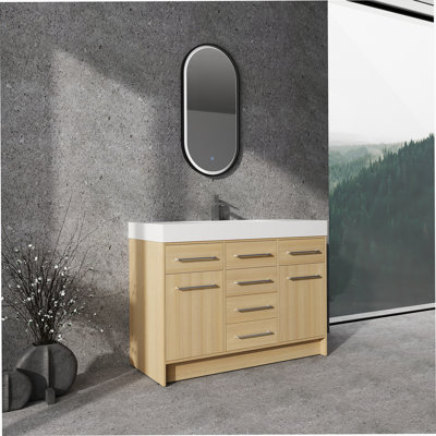 Meuble-lavabo autoportant de 48 po avec lavabo en résine, 2 portes à fermeture douce et 6 tiroirs à fermeture douce, chêne original, contreplaqué (KD-PACKING)