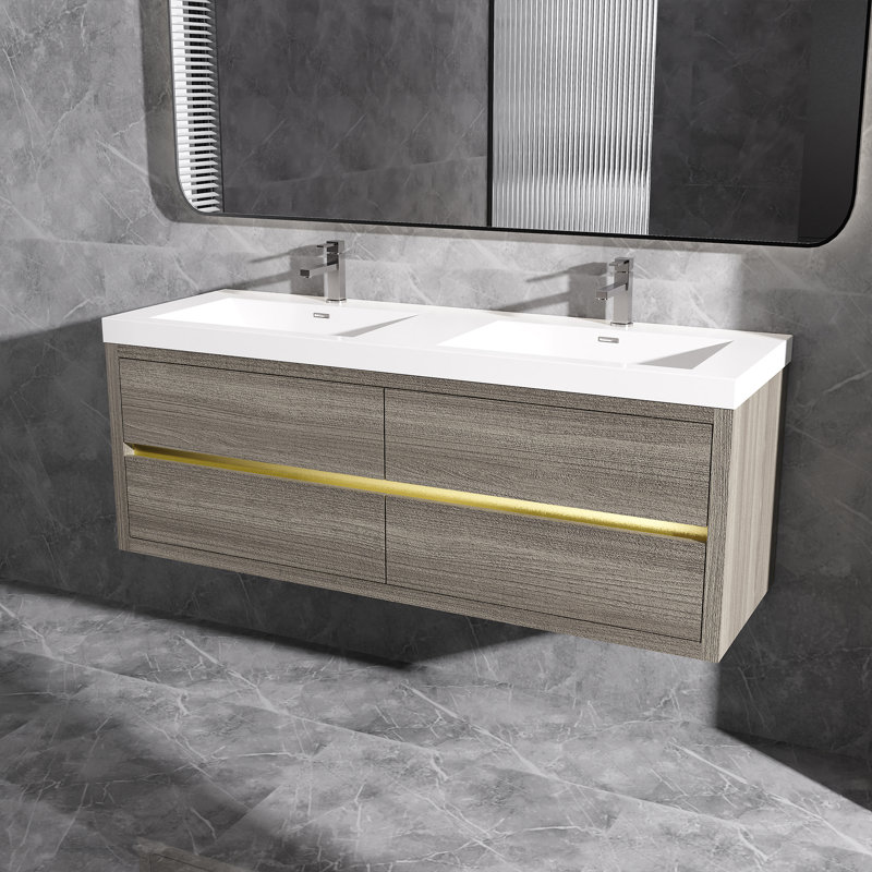 Meuble-lavabo mural flottant avec double surface de comptoir en blanc, Gris, 60"
