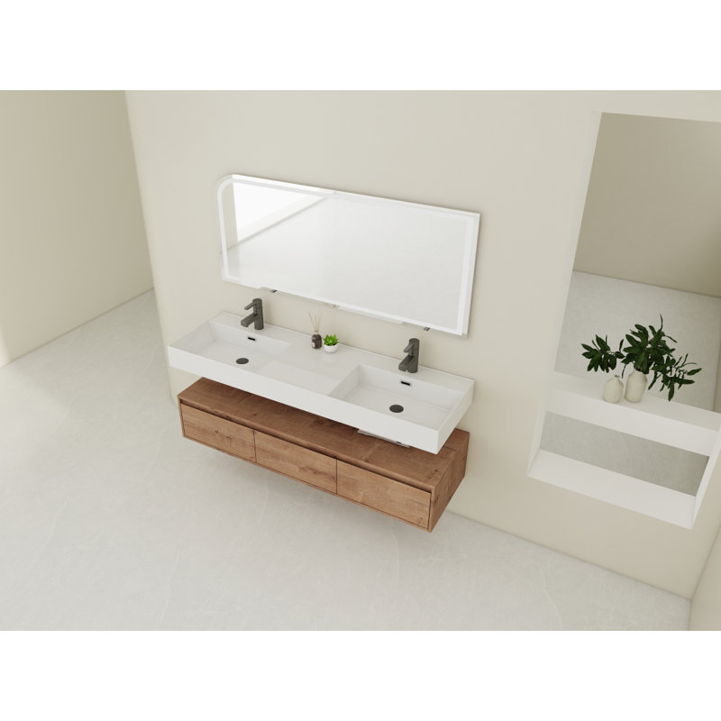 Meuble-lavabo mural 60 po avec lavabo double en résine, tiroir à fermeture en douceur et fixation à flotteur