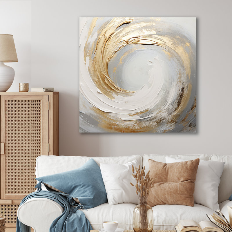 Vortex doux doré et blanc III - spirales abstraites, impressions sur toile, Toile tendue, H 36 po x l 36 po x P 1,5 po