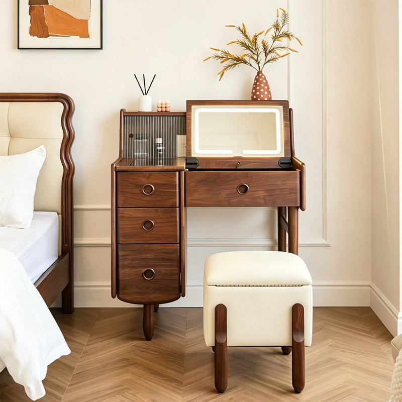 Walnut Solid Wood and Glass Vanity with Mirror and Seat