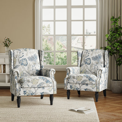 Fauteuil d'appoint à oreilles avec garniture cloutée à motif floral bleu Duward Plants