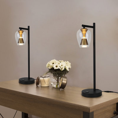 Set Of 2,  H20 Inch Industrial Style Gold Metal Accented Glass Table Lamp With Touch Control, Usb Port, And Dimmable Led