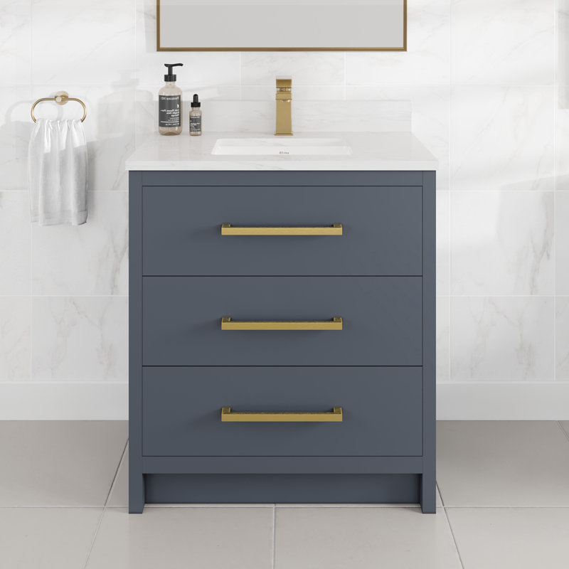 Meuble-lavabo l 30 po x P 18 po Ilsa avec comptoir en quartz de Carrare blanc et lavabo en porcelaine encastré