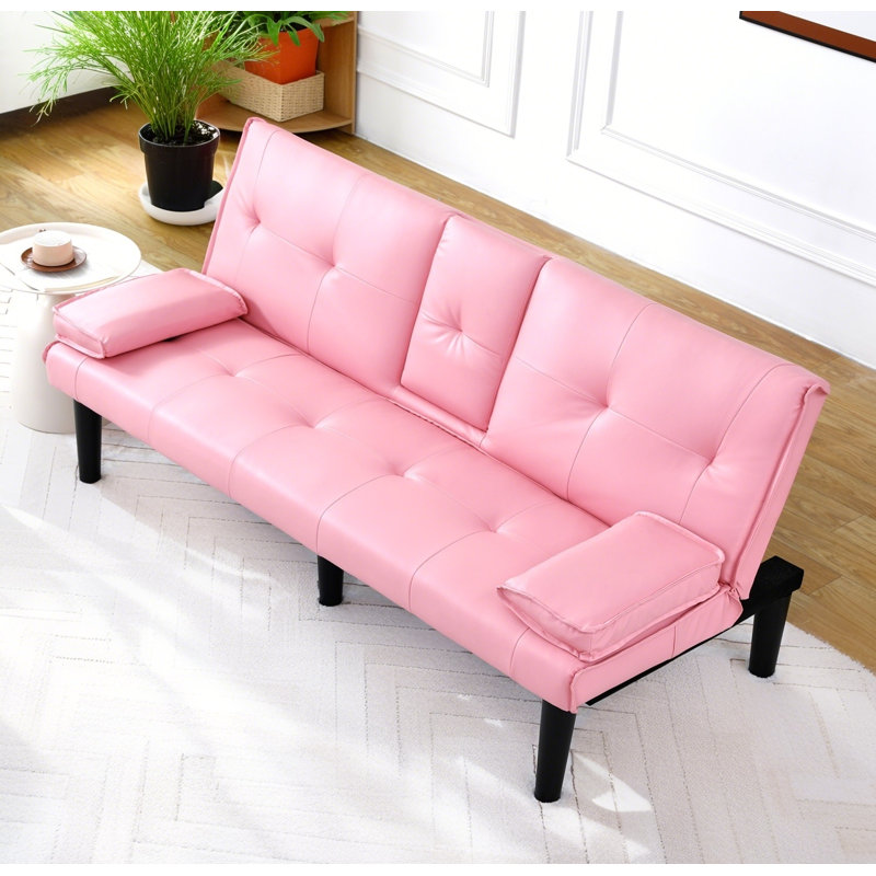 Canapé-lit 67 po en PVC multifonctionnel avec porte-gobelet et conception pliable, Rose