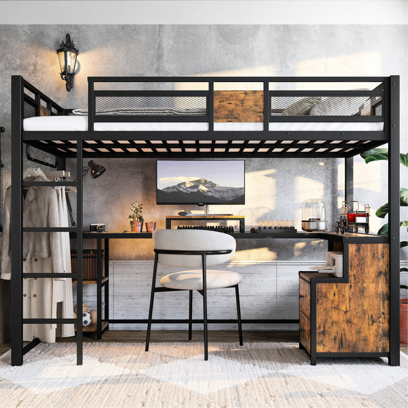 Lit mezzanine simple en métal noir TG avec bureau d'étude et tiroirs de rangement en tissu, zone de sommeil silencieuse, installation de réduction du bruit