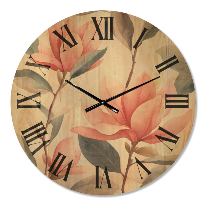 Fleur de magnolia rose - Horloge murale surdimensionnée à motif floral, imprimée sur bois, Médium