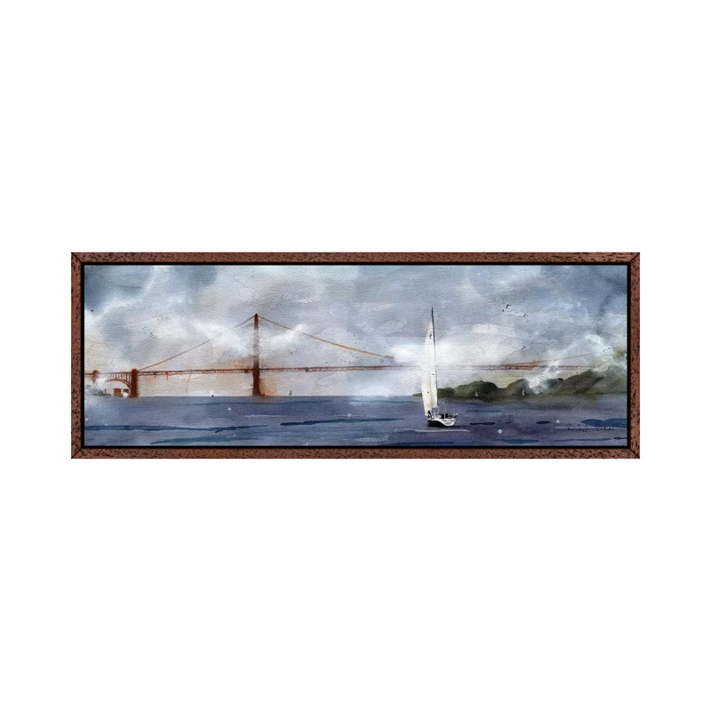 Landscape Golden Gate Foggy Sail by Rachel Parker - Panoramic Painting on Canvas, Classic Brown Wood Framed