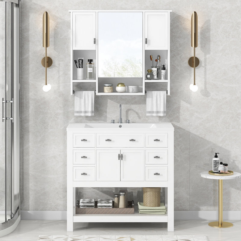 Meuble-lavabo de salle de bain avec lavabo supérieur, armoire à miroir moderne avec barre à serviettes,
