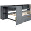 Lit plateforme simple en bois avec tablettes de rangement, tiroirs, station de charge et tête de lit tapissier, gris