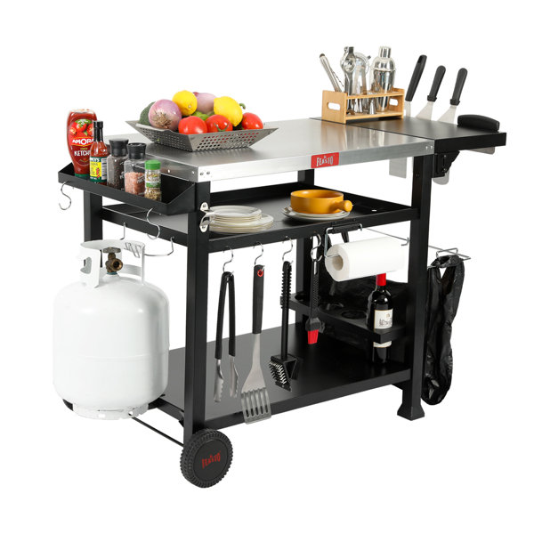 Three-Shelf Outdoor Grill Dining Cart Movable BBQ Trolley with Two Wheels Pizzello Color: Black/Stainless Steel