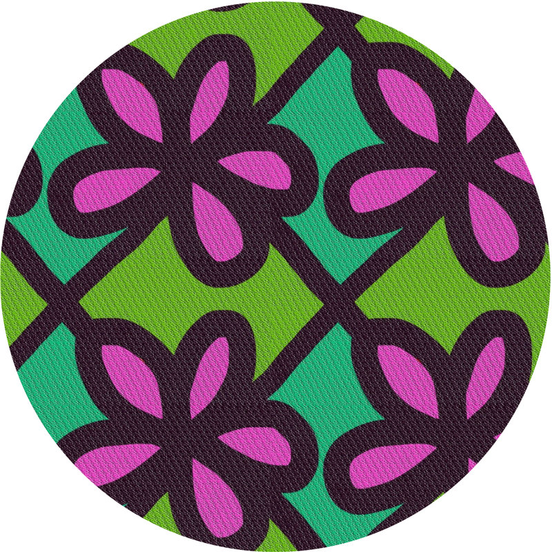 Tapis vert/rose/bleu à motif, Rond 4 pi