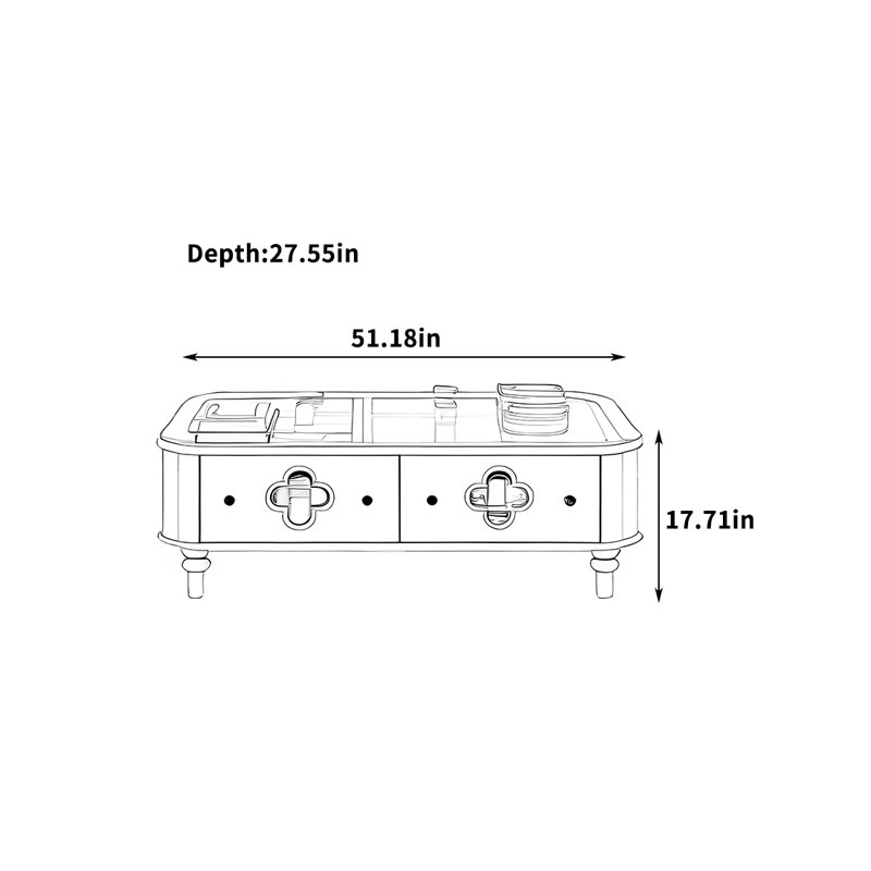 Table basse en frêne massif avec verre floral, H 17,71 po x L 51,18 po x l 27,55 po
