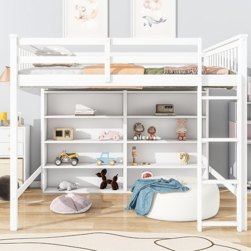 Lit mezzanine double avec 8 tablettes de rangement, blanc - Créez une grande chambre fonctionnelle idéale pour économiser de l'espace