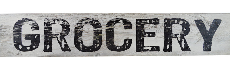 « épicerie », art textuel sur bois manufacturé