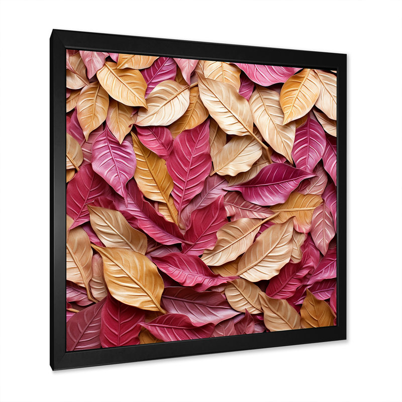 Or et feuilles roses, charme artistique II, H 16 po x l 16 po x P 1 po, Cadre simple noir
