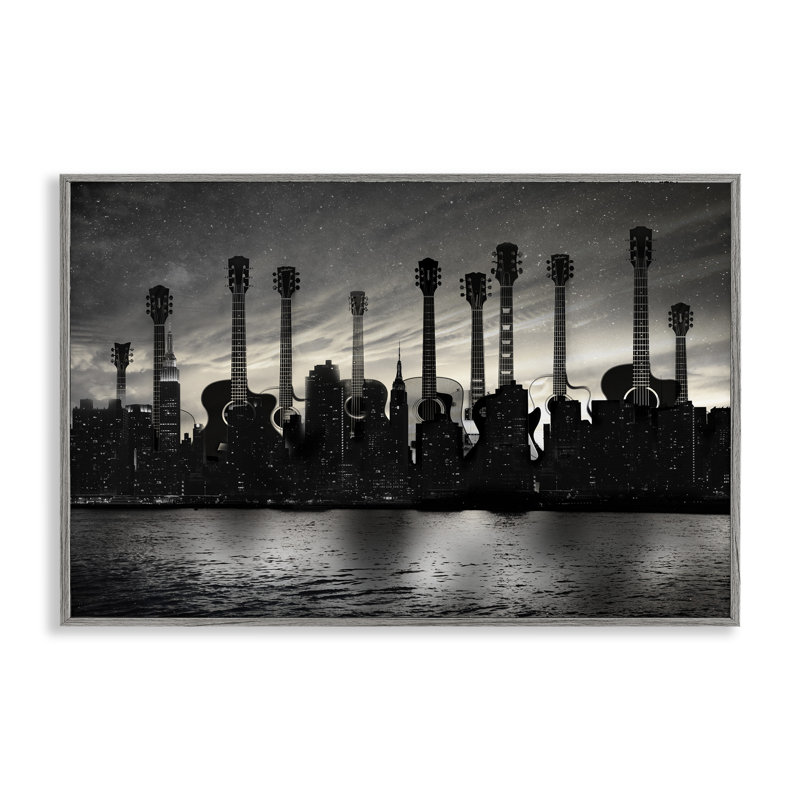 Guitare Skyline Cityscape, giclée encadrée, design par CAD Designs, Giclée de ferme grise encadrée, H 16 po x l 24 po