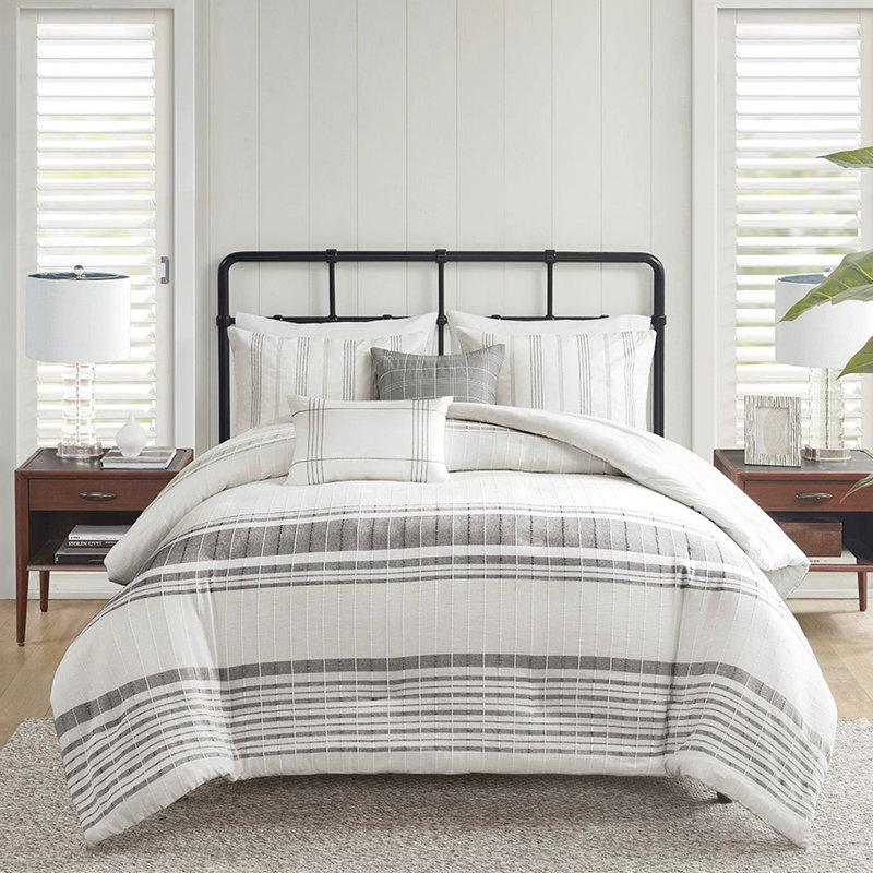 Housse de couette en coton 5 pièces très grand / très grand - rayures horizontales grises et blanches avec fermeture à glissière cachée Lavable à la machine Entretien facile sans vapeur