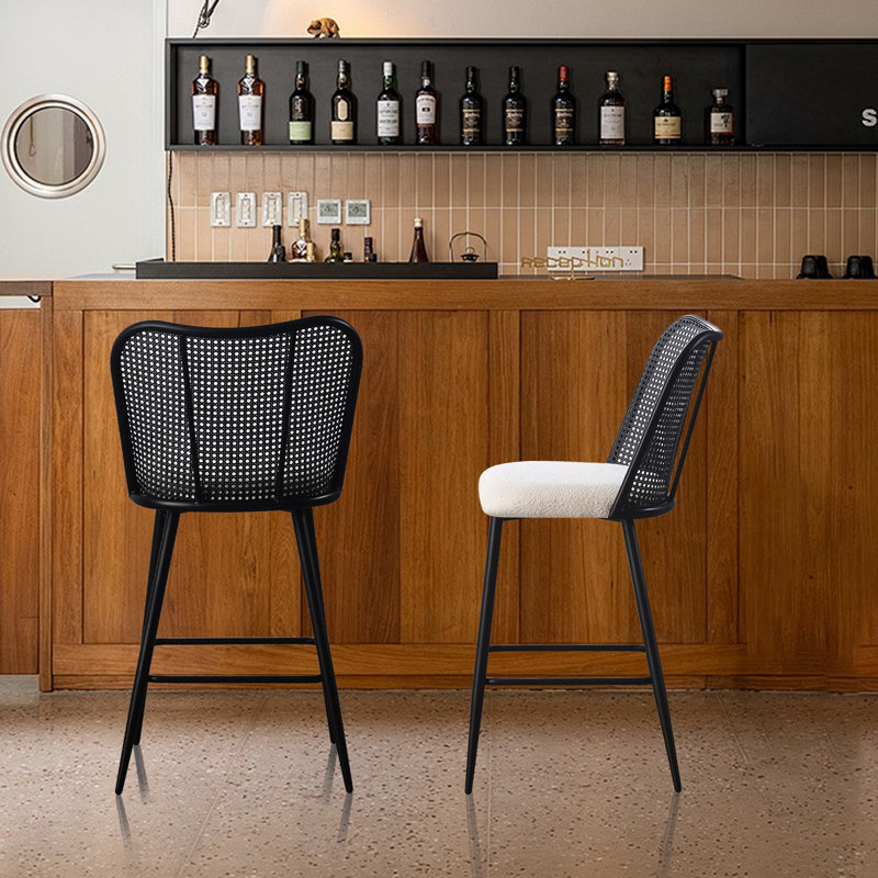 Rattan Counter Height Bar Stools, 26'' Modern Boucle Counter Stools With Butterfly Cane Back, Wicker Counter Stools For Kitchen,Home Bar,Restaurant,Set Of 2, White