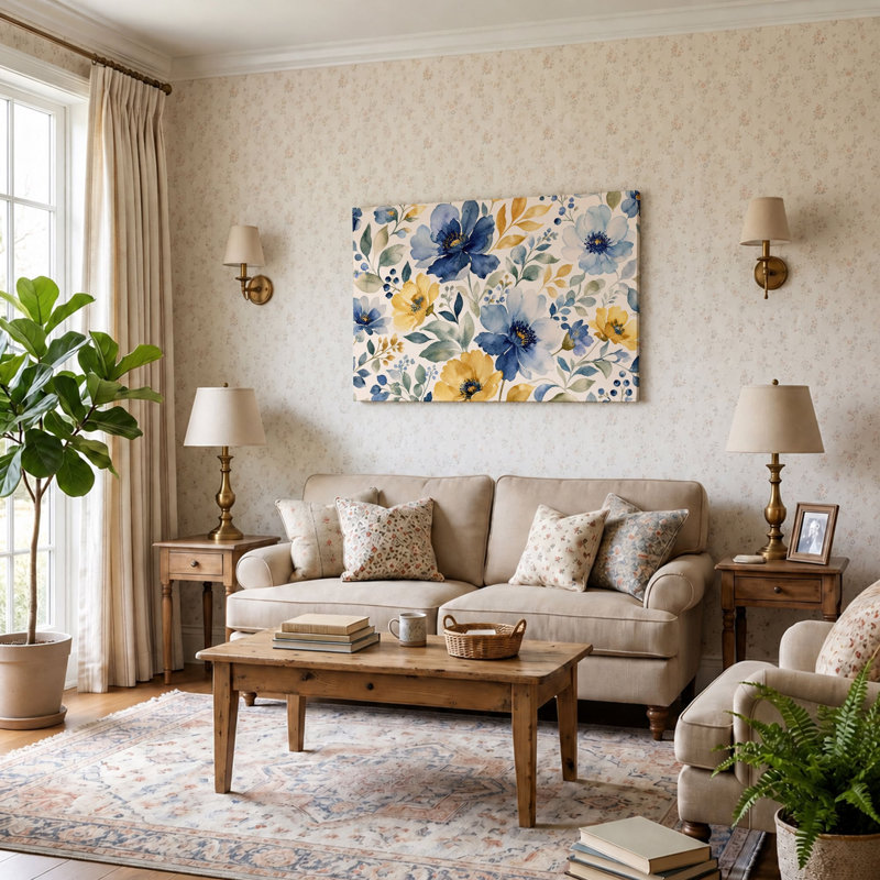 Reproduction d'une peinture florale bleue et jaune sur toile - 50 x 75 cm, H 20 po x l 30 po