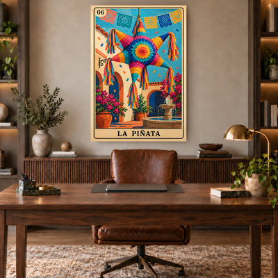 Colorful Mexican Piñata Vintage Card Canvas Wall Art, Ready to Hang