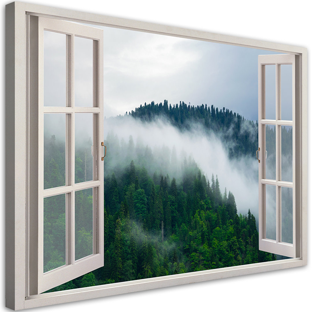 Leinwandbild, Fensterblick Wald im Nebel