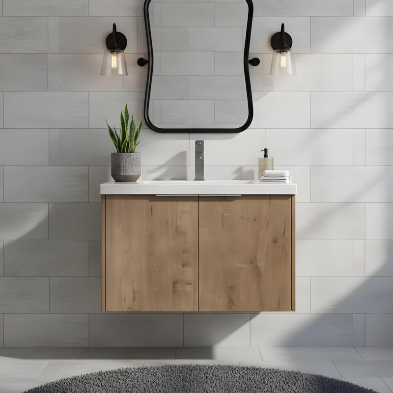 Meuble-lavabo à fermeture en douceur avec lavabo, Imitation chêne, 29"