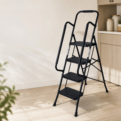 4-Step Folding Ladder with Handrail, 300 lbs Capacity, Wide Anti-Slip Pedals, Lightweight Steel Step Stool