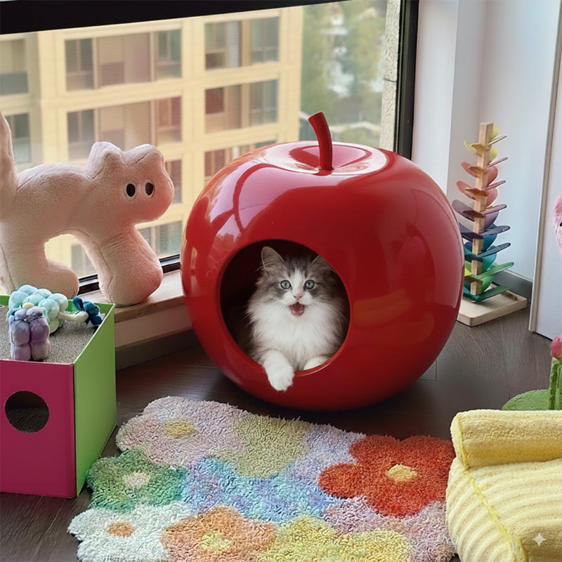 Niche pour chat/petit chiot, canapé-lit en forme de grotte, couleur pomme rouge, taille moyenne