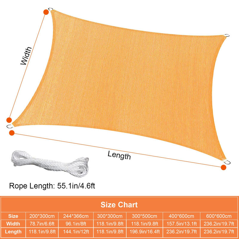 Rectangle Shade Sail Canopy 98% UV Block Awning Shelter with Ropes