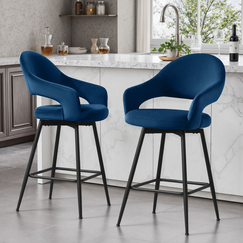 26" Swivel Upholstered Counter Stool with Metal Frame (Set of 2), 2, Blue