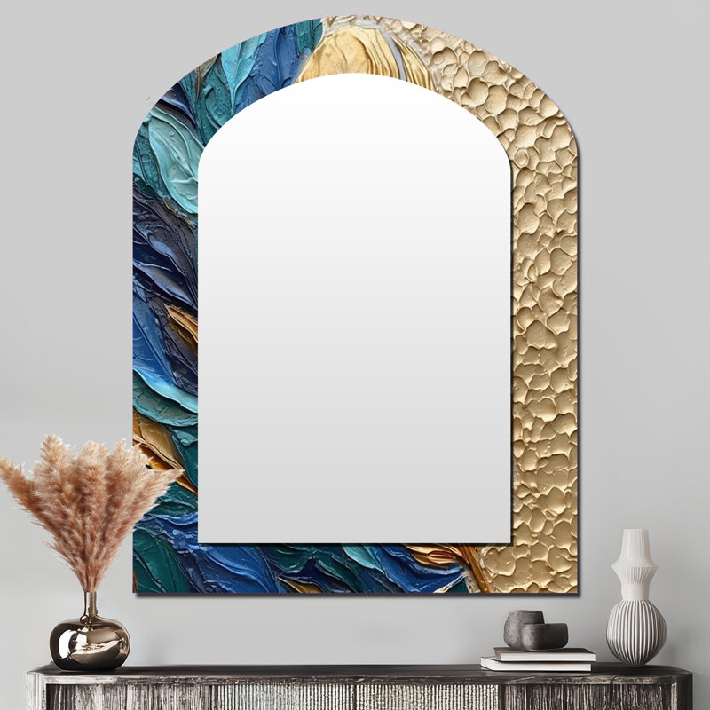 Boho Glam Exquisite Gold On Blue Feather PaintingV - Feathers Arch Decorative Wall Mirror, Modern Asymmetrical Mirror, Printed Metal Art