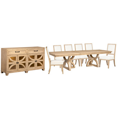 Table de salle à manger extensible à tréteaux avec 6 chaises d'appoint rembourrées et buffet