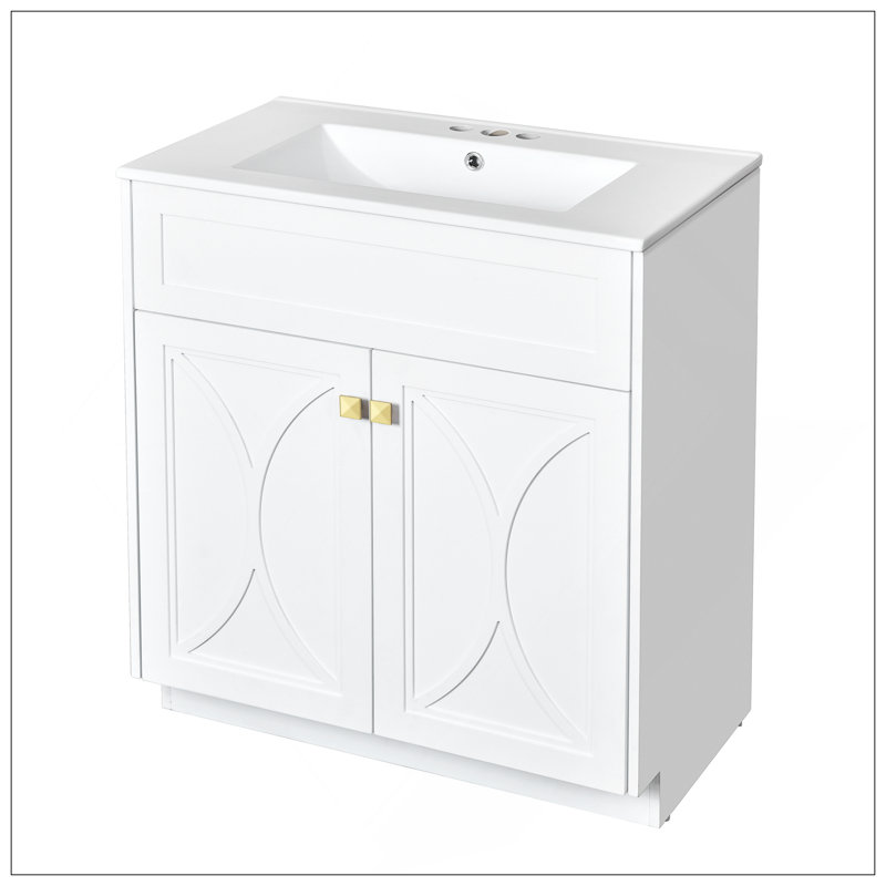Meuble-lavabo 30 po avec lavabo en céramique, armoire de rangement autoportante moderne avec poignées dorées, portes à fermeture douce