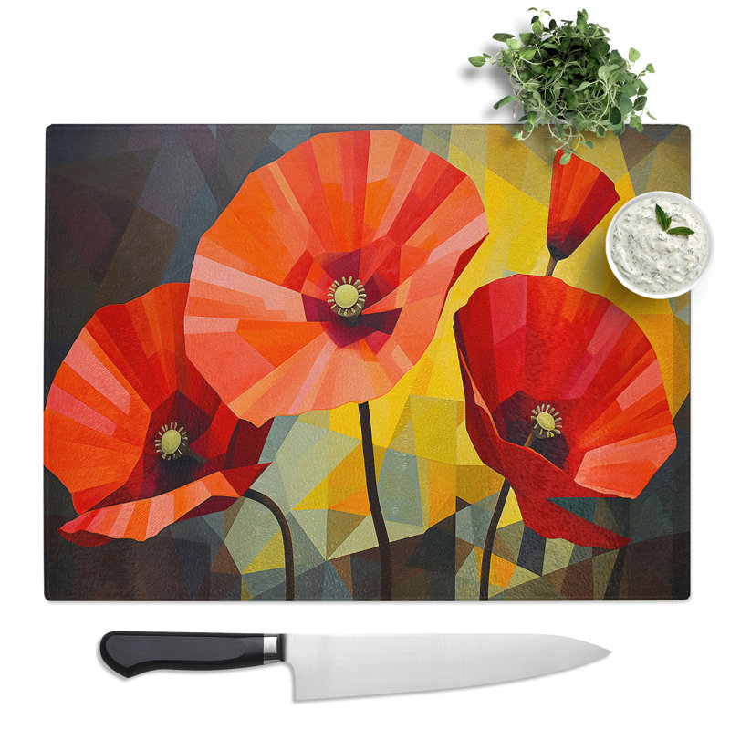 Poppy Flower Geometric  Glass Chopping Board
