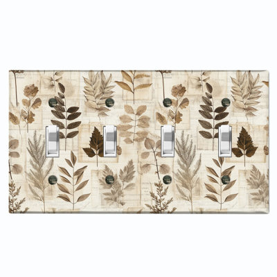 Metal Light Switch Plate Cover; US Standard Size 4 Gang Toggle - Rustic Botanical Leaves
