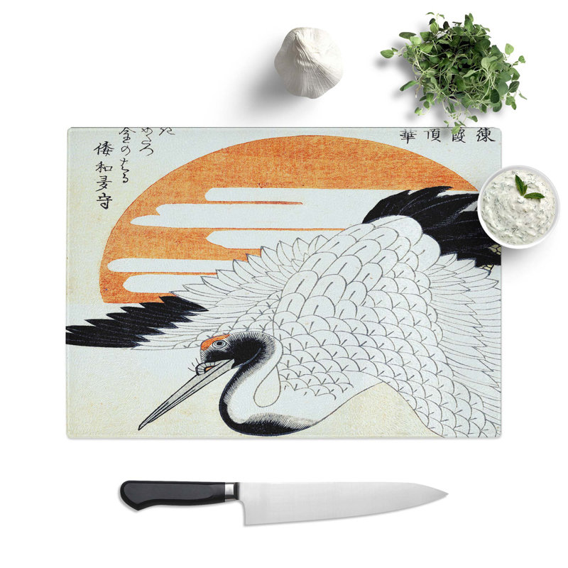 Tempered Glass White Crane by Yashima Gakutei Cutting Board, 39 cm W x 28.5 cm L