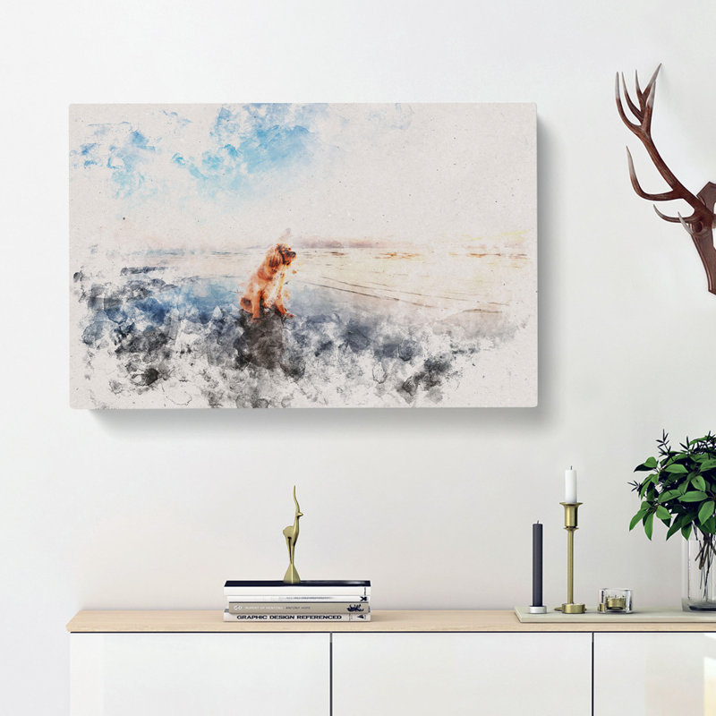 King Charles Spaniel Upon The Beach Watercolour - Wrapped Canvas Print, 60cm H x 91cm W x 3cm D