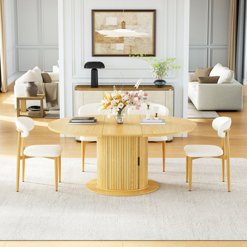 Expandable Dining Table Set, 47-63" Round Base Table With 2 Expandable Tabletops And Hidden Storage Cabinets, Padded Seats, Metal Frame For 4-8, Modern Minimalist Style