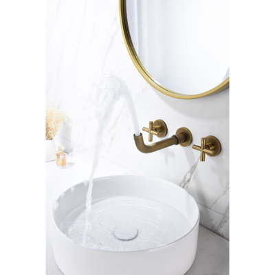 Robinet de lavabo de salle de bain mural - Poignées à température réglable, éclaboussures, bonde escamotable, fabrication en bronze pour un contrôle facile, bronze, fabrication de qualité