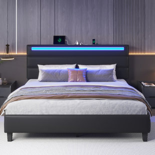 Queen Upholstered Platform Bed with Headboard Storage Shelf, Charging Station, RGB LED lights, Easy Assembly, Black