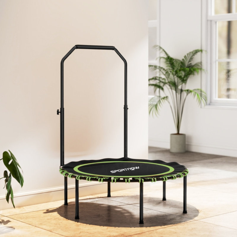 40 Inch Foldable Fitness Trampoline Rebounder, Green Mini Exercise Trampoline With 5-level Adjustable Removable Handlebar, 28 Bungee Cords, Steel Frame & Water-resistant Mat, 100kg Weight Capacity For Indoor Yoga Workout Leisure