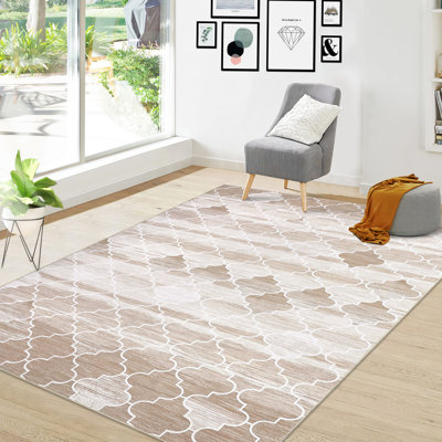 Washable North African Area Rug 5x7 – Modern Geometric, Low Pile, Spot Resistant, Non-Slip, Soft Accent Carpet for Living Room, Bedroom, Dining Room, Office – Brown Tone, USA, 5x7ft