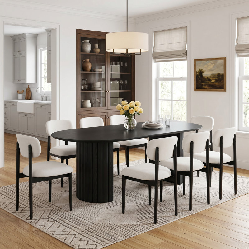 Table Ã  manger ovale moderne Ã  double pied central en bois, 79 po, avec piÃ¨tement en bois massif, pour 8 personnes, Noir