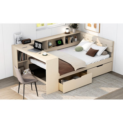 Lit double en bois crème avec tête de lit tapissier, tablettes de rangement et plateforme de chargement intégrée