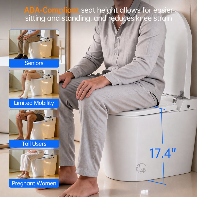 Toilettes monobloc allongées intelligentes avec couvercle à ouverture/fermeture automatique, chasse d'eau intérieure silencieuse, protection en mousse et hauteur confort conforme aux normes ADA